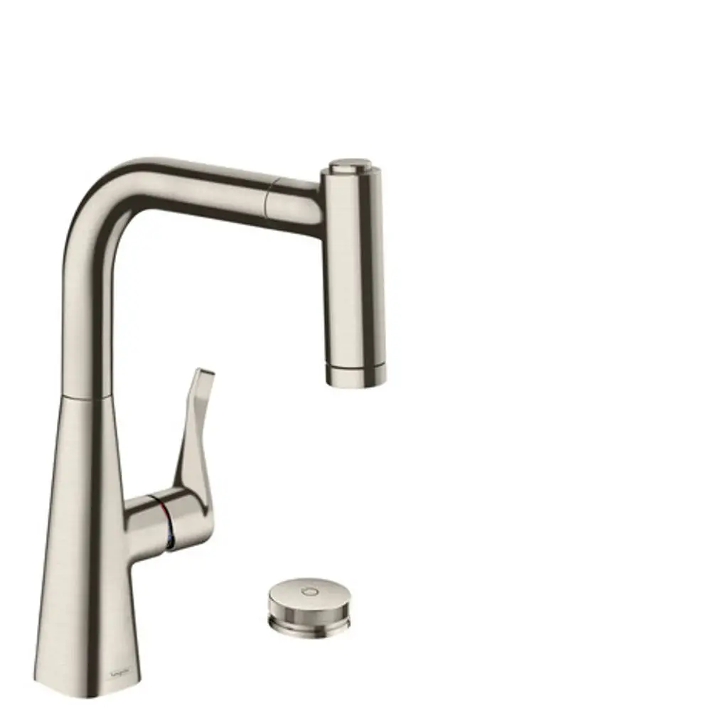 Hansgrohe Ausziehbrause mit einem modernen, schlanken Design in Edelstahl-Optik. Die Bedienung erfolgt über einen Hebel, der die Wasserregulierung ermöglicht.